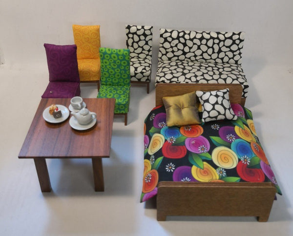 Miniature Dolls House Furniture Set - Upholstered Sitting & Bedroom