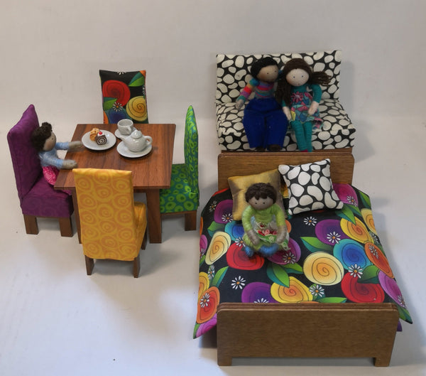 Miniature Dolls House Furniture Set - Upholstered Sitting & Bedroom